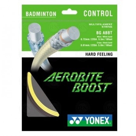 Yonex BG Aerobite Boost Badminton String Set of Dark Grey/Yellow Main 0.72mm 21ga Cross 0.61mm 22ga